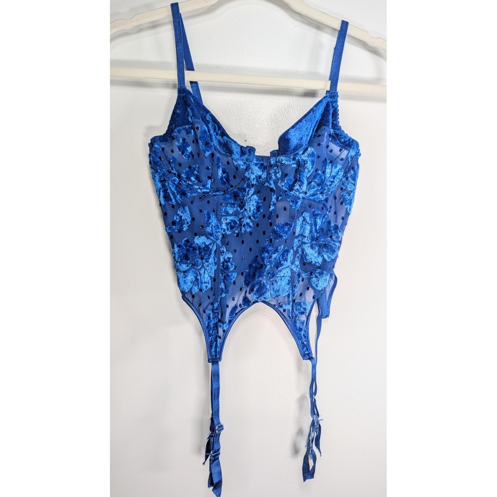 Vintage Gold Label Victoria's Secret Blue Velvet Floral Burnout Bustier Corset M
